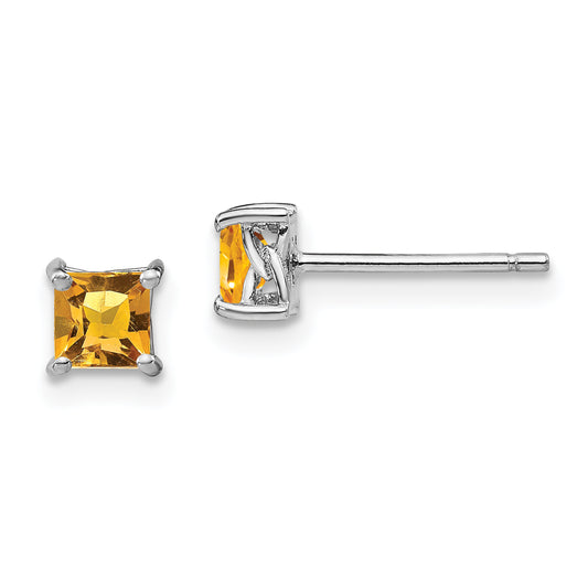 Sterling Silver Rhodium-Plated 4mm Princess Citrine Post Earrings