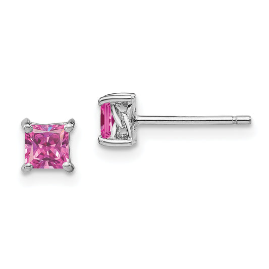 Sterling Silver Rhod-Pltd 4mm Princess Cr. Pink Sapphire Post Earrings