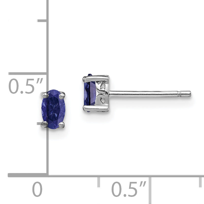 Sterling Silver Rhodium-Plated 5X3mm Oval Created Sapphire Post Earrings