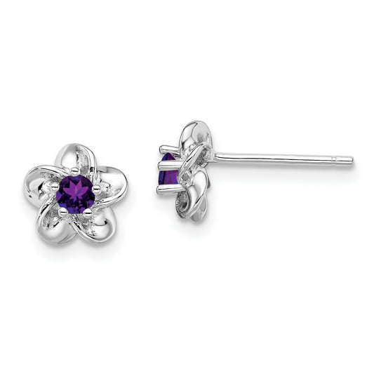 Sterling Silver Rhodium-Plated Floral Amethyst Post Earrings