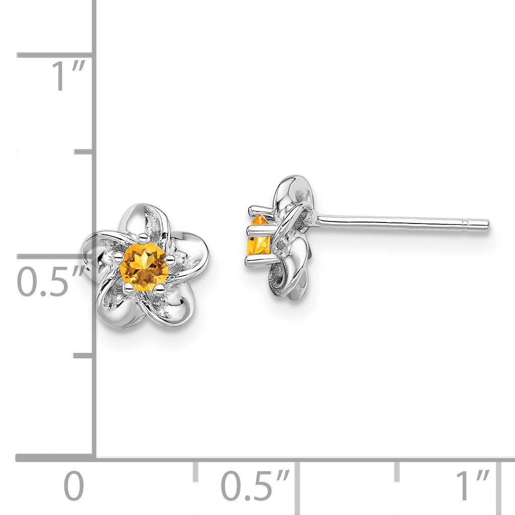 Sterling Silver Rhodium-Plated Floral Citrine Post Earrings