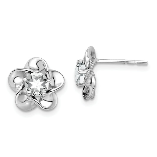 Sterling Silver Rhodium-Plated Floral White Topaz Post Earrings