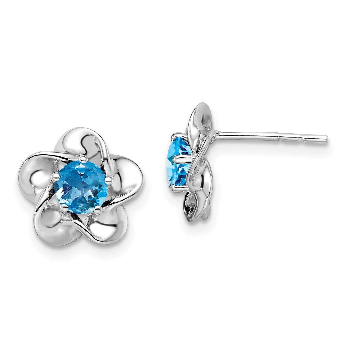 Sterling Silver Rhodium-Plated Floral Blue Topaz Post Earrings