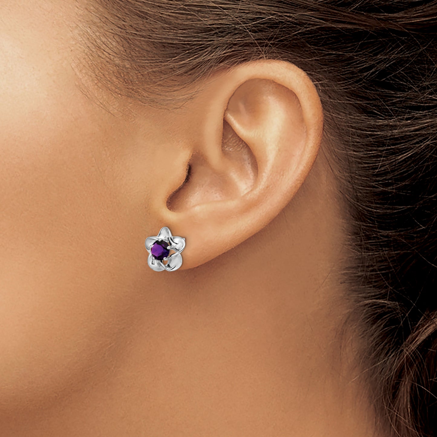 Sterling Silver Rhodium-Plated Floral Amethyst Post Earrings