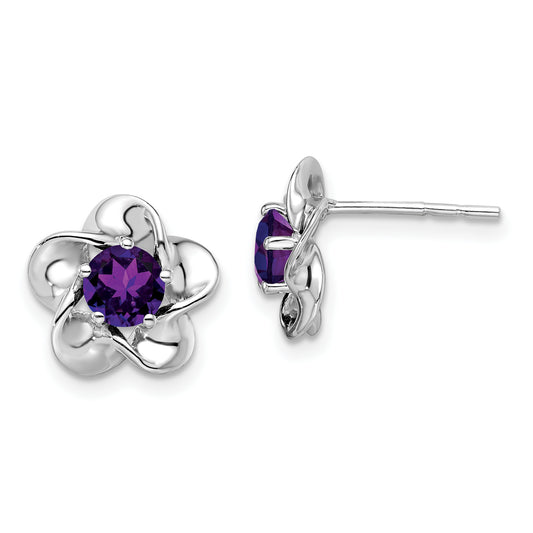 Sterling Silver Rhodium-Plated Floral Amethyst Post Earrings