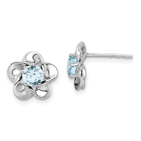 Sterling Silver Rhodium-Plated Floral Aquamarine Post Earrings