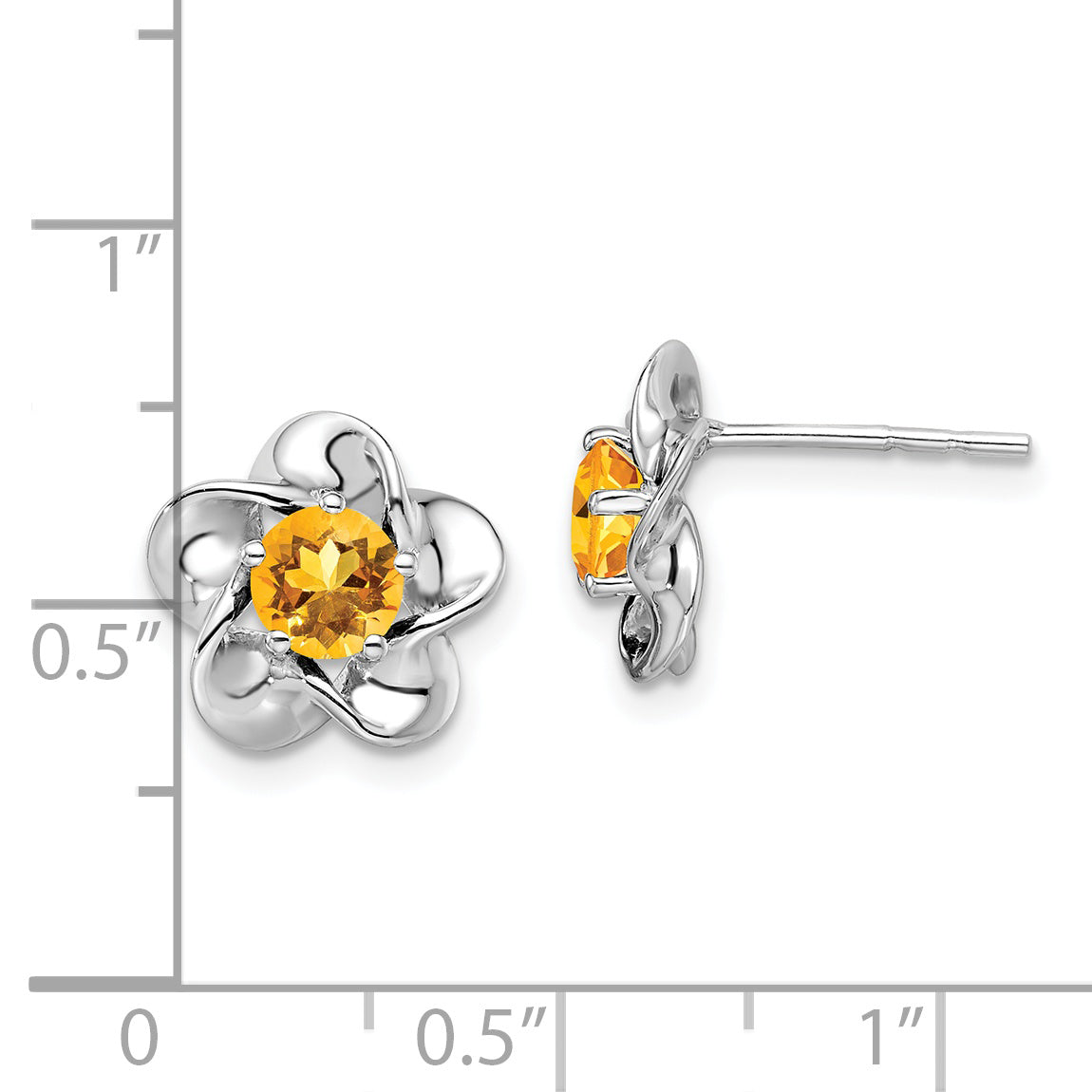 Sterling Silver Rhodium-Plated Floral Citrine Post Earrings