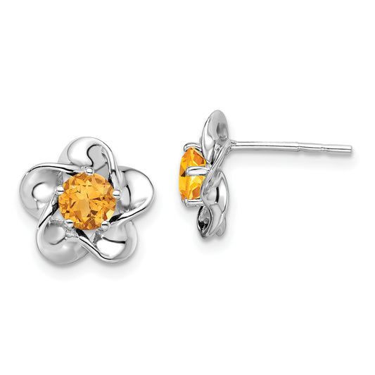 Sterling Silver Rhodium-Plated Floral Citrine Post Earrings