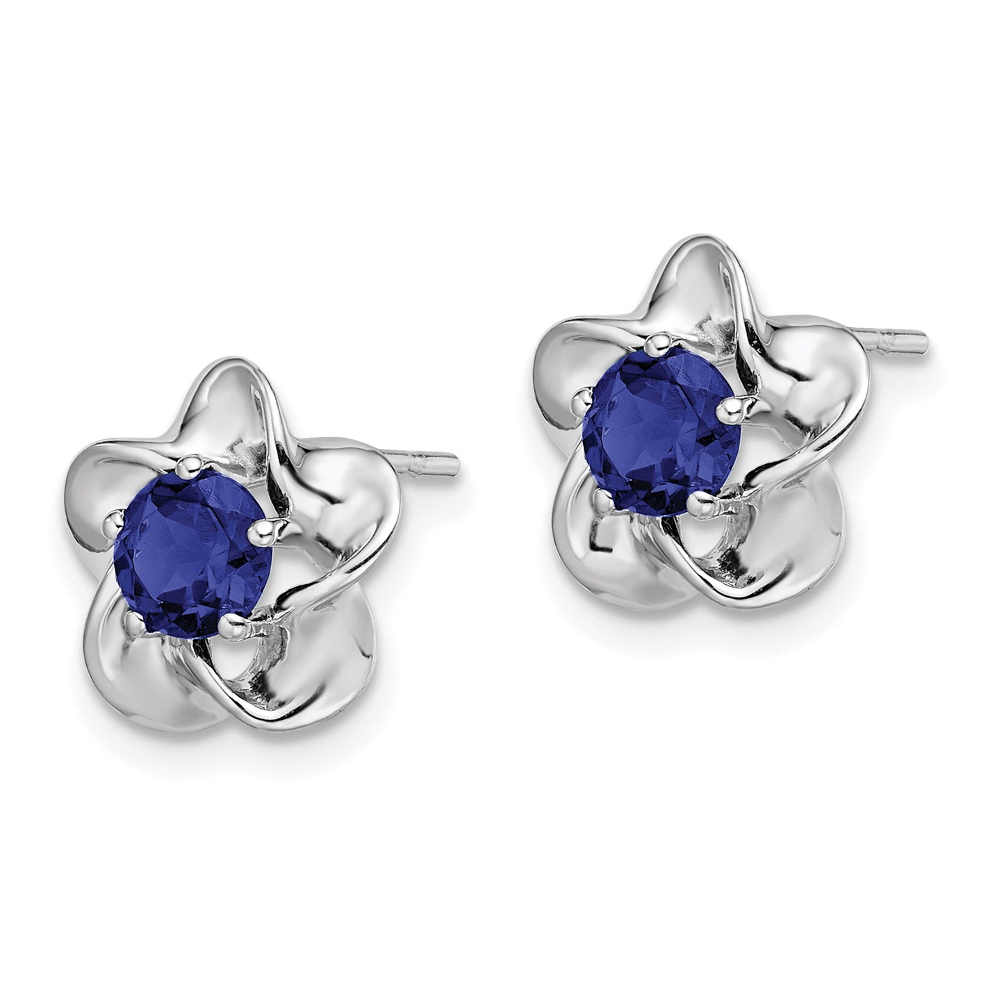 Sterling Silver Rhodium-Plated Floral Created Sapphire Post Earrings