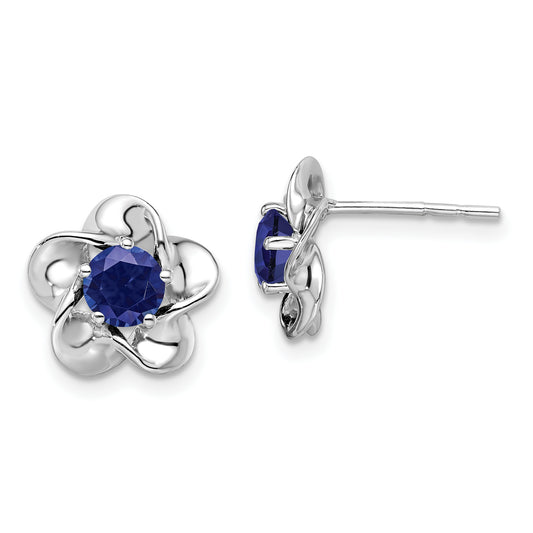 Sterling Silver Rhodium-Plated Floral Created Sapphire Post Earrings