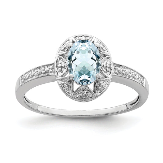 Sterling Silver Rhodium-Plated Diam. & Aquamarine Ring