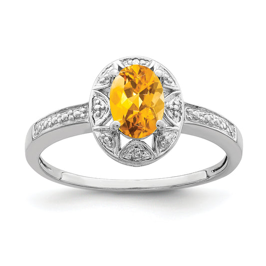 Sterling Silver Rhodium-Plated Diam. & Citrine Ring