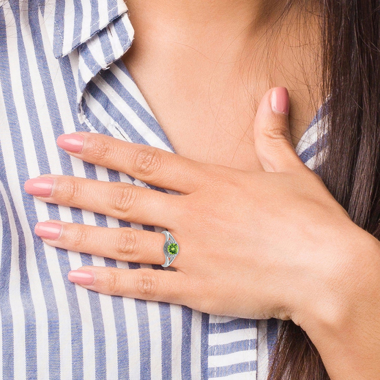 Sterling Silver Rhodium-Plated Diam. & Peridot Ring