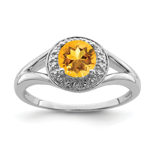 Sterling Silver Rhodium-Plated Diam. & Citrine Ring