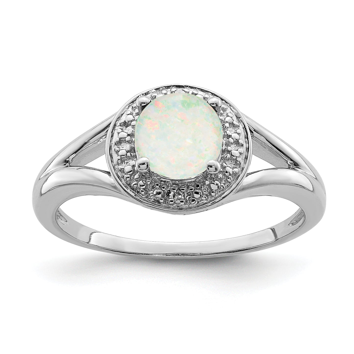 Sterling Silver Rhodium-Plated Diam. & Created Opal Ring