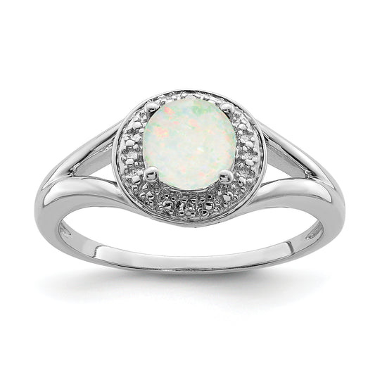 Sterling Silver Rhodium-Plated Diam. & Created Opal Ring