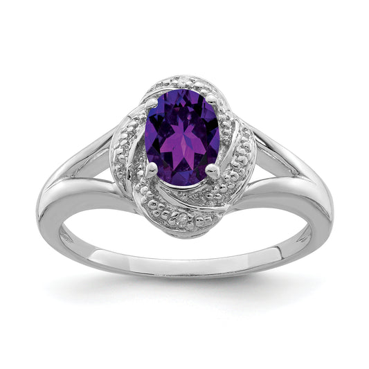 Sterling Silver Rhodium-Plated Diam. & Amethyst Ring