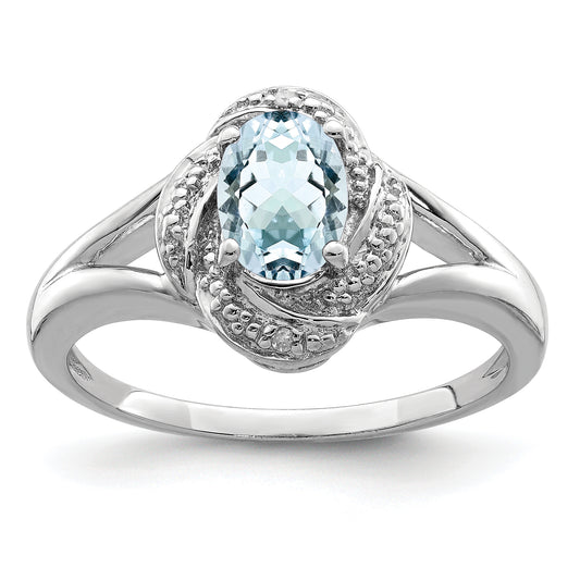 Sterling Silver Rhodium-Plated Diam. & Aquamarine Ring