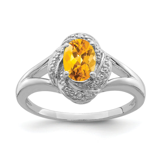 Sterling Silver Rhodium-Plated Diam. & Citrine Ring