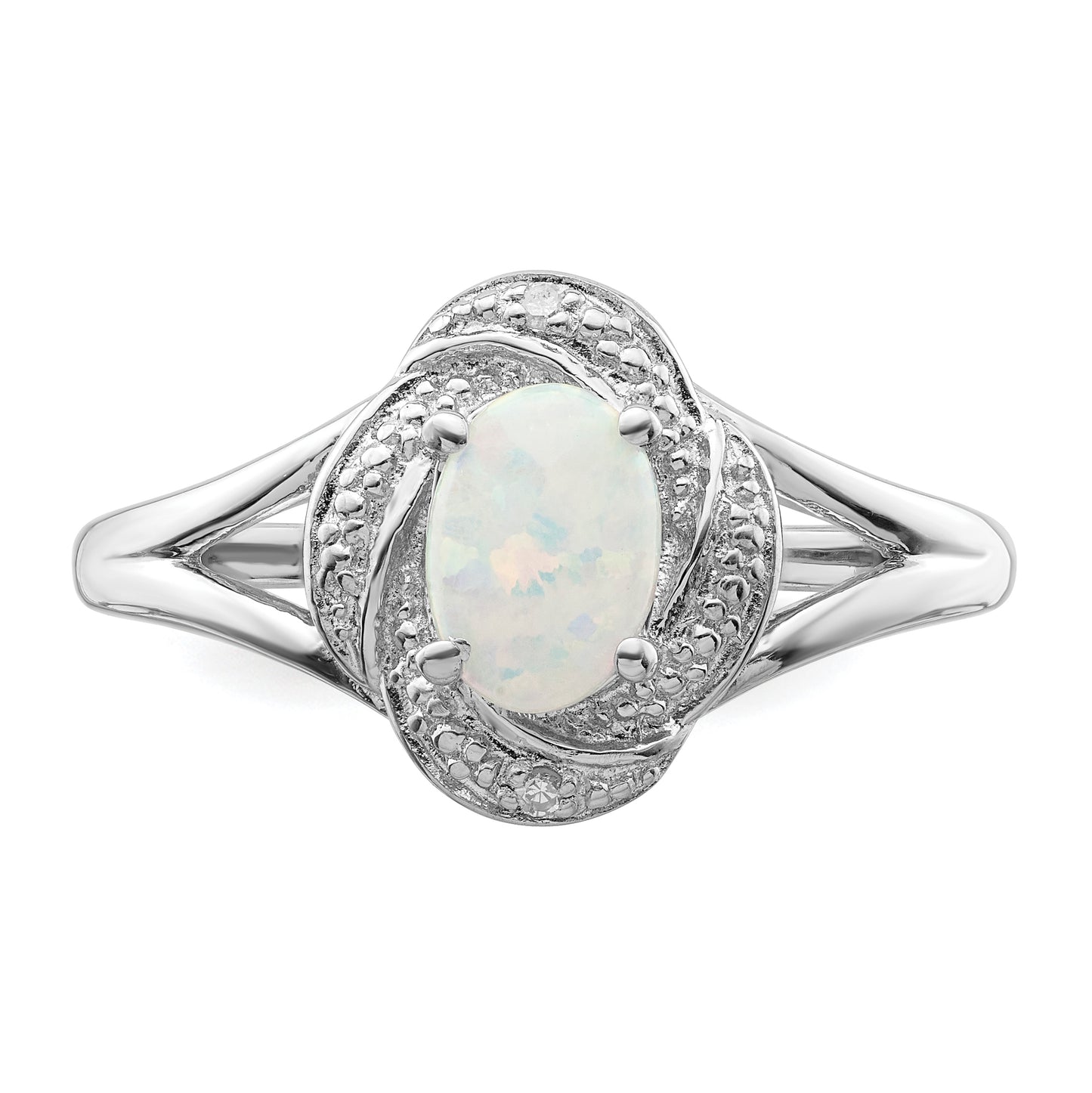 Sterling Silver Rhodium-Plated Diam. & Created Opal Ring