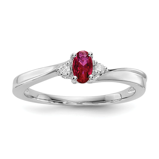 Sterling Silver Rhod-Plated Created Ruby/Diamond Birthstone Ring