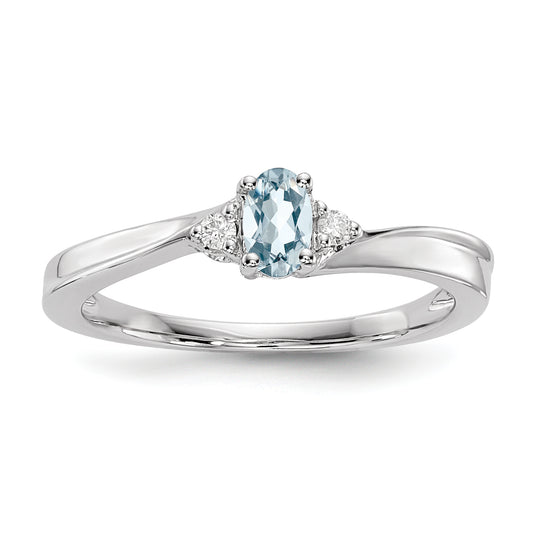 Sterling Silver Rhodium-Plated Aquamarine/Diamond Birthstone Ring