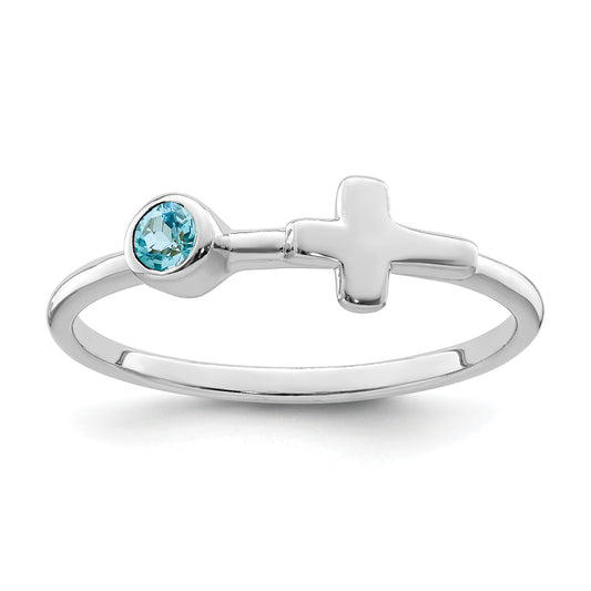 Sterling Silver Rhodium-Plated Polished Cross Ls Blue Topaz Ring