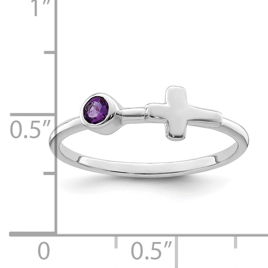 Sterling Silver Rhodium-Plated Polished Cross Amethyst Ring