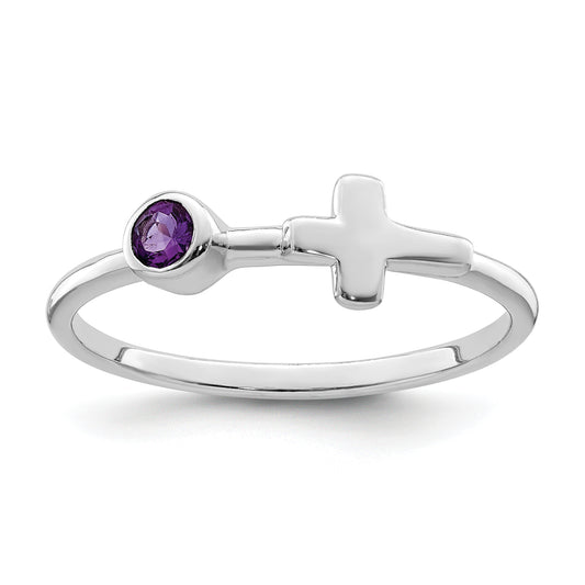 Sterling Silver Rhodium-Plated Polished Cross Amethyst Ring