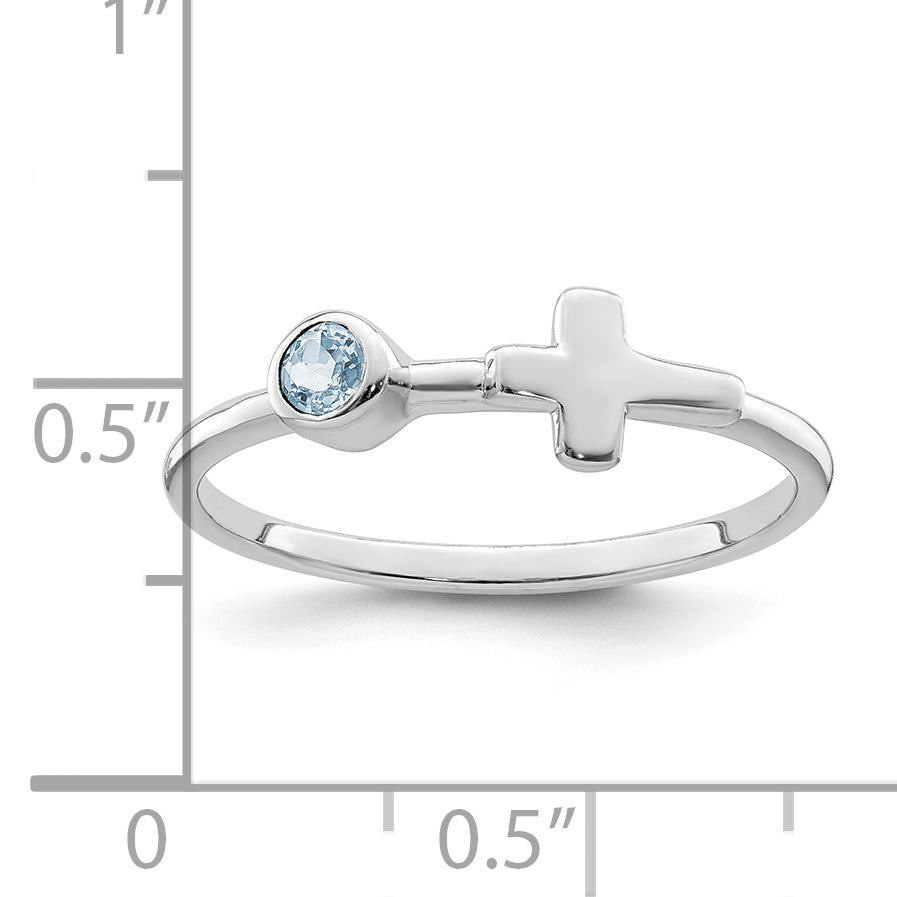 Sterling Silver Rhodium-Plated Polished Cross Aquamarine Ring