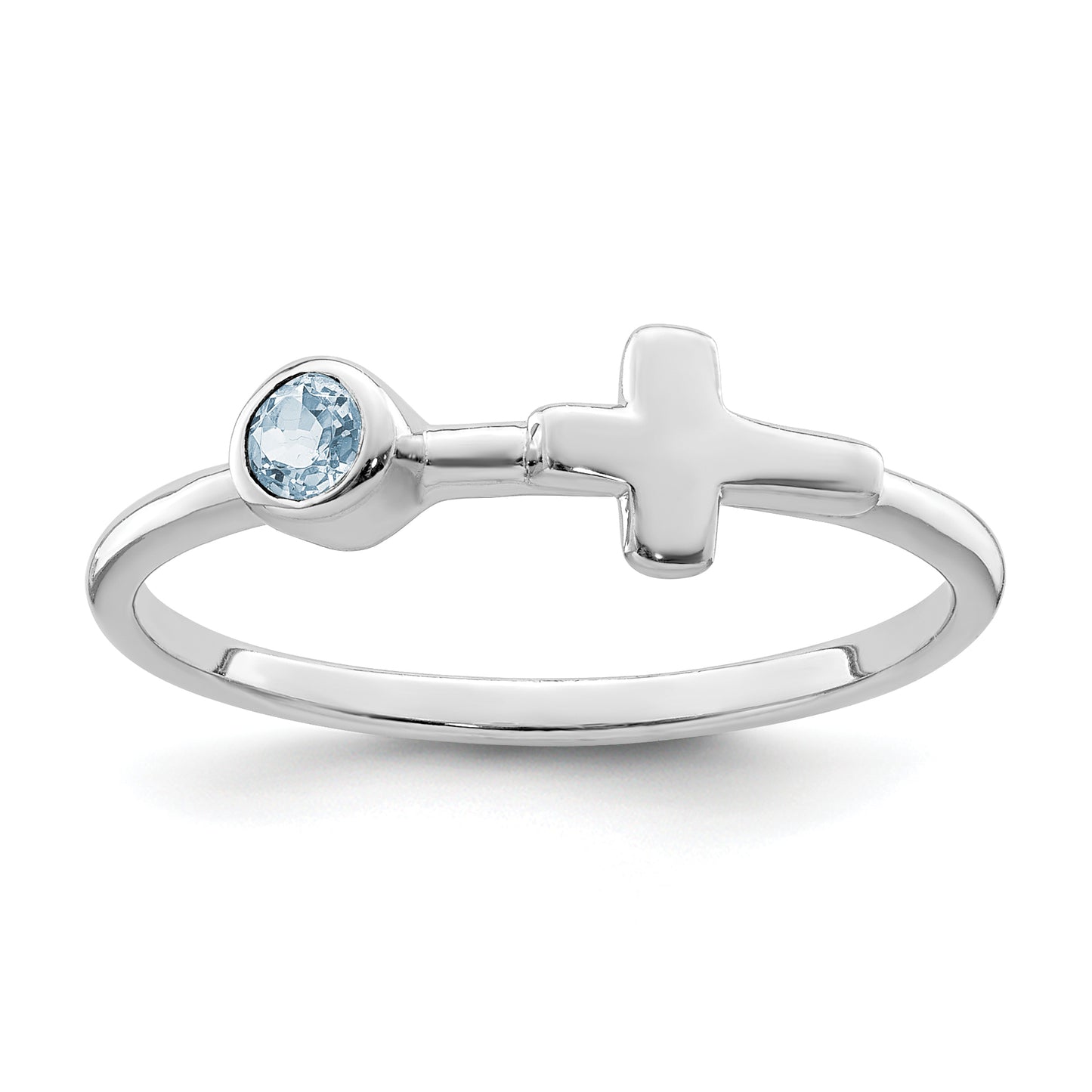 Sterling Silver Rhodium-Plated Polished Cross Aquamarine Ring