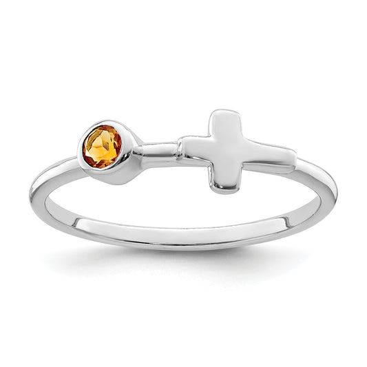 Sterling Silver Rhodium-Plated Polished Cross Citrine Ring