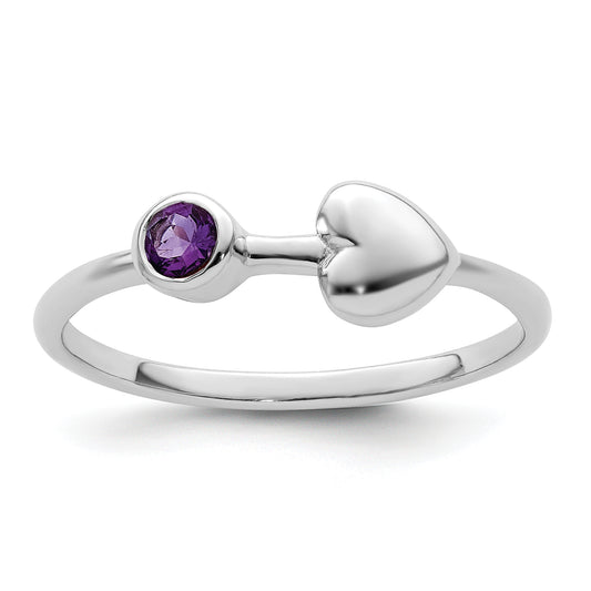 Sterling Silver Rhodium-Plated Polished Heart Amethyst Ring