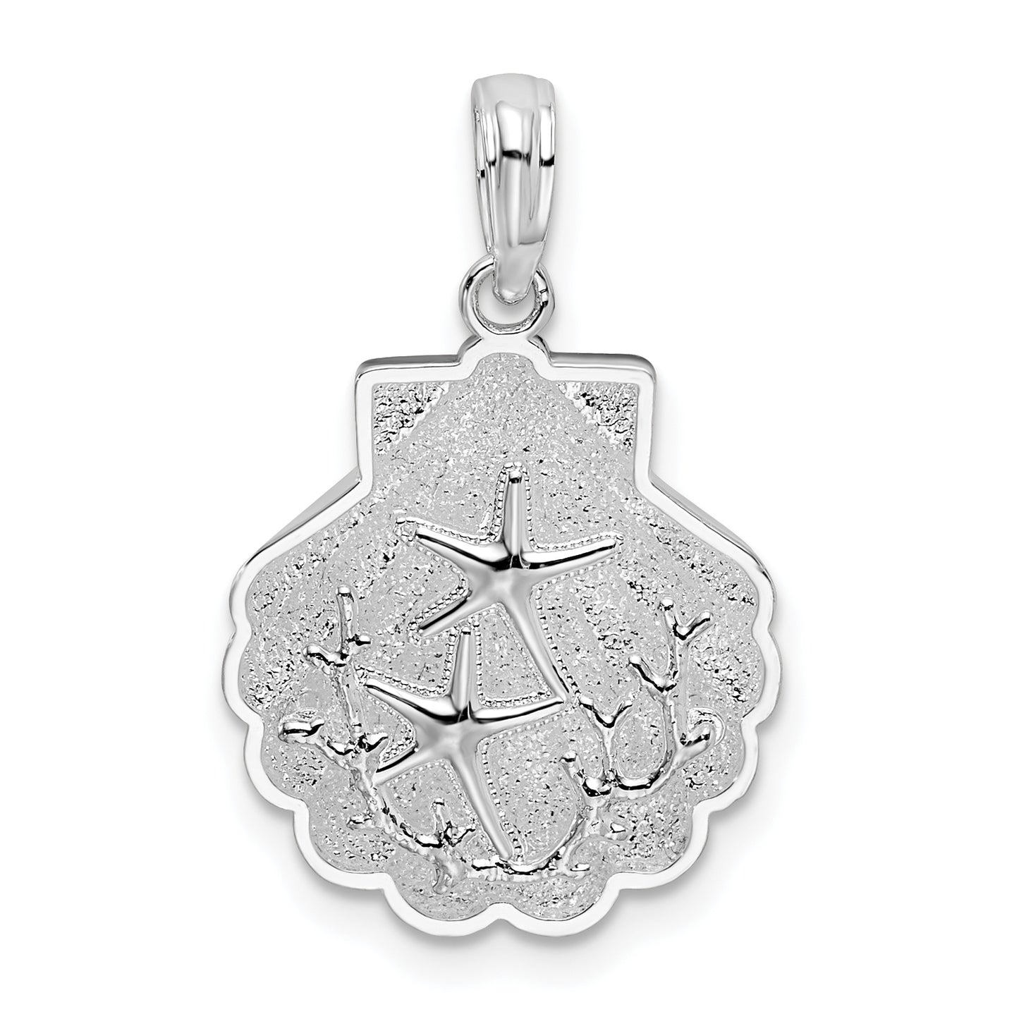 Sterling Silver De-Ani Rhodium-Plated Polished And Textured Shell With Starfish Pendant