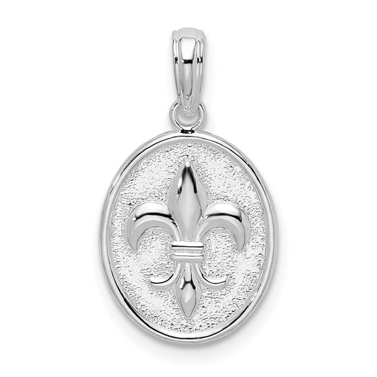 Sterling Silver De-Ani Rhodium-Plated Polished And Textured Fleur De Lis Oval Pendant