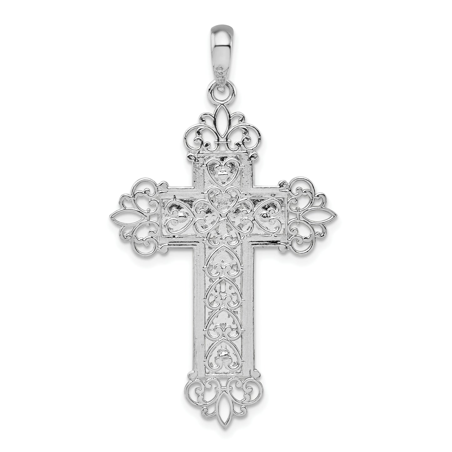 Sterling Silver De-Ani Rhodium-Plated Diamond-Cut Filigree Fleur De Lis Cross Pendant