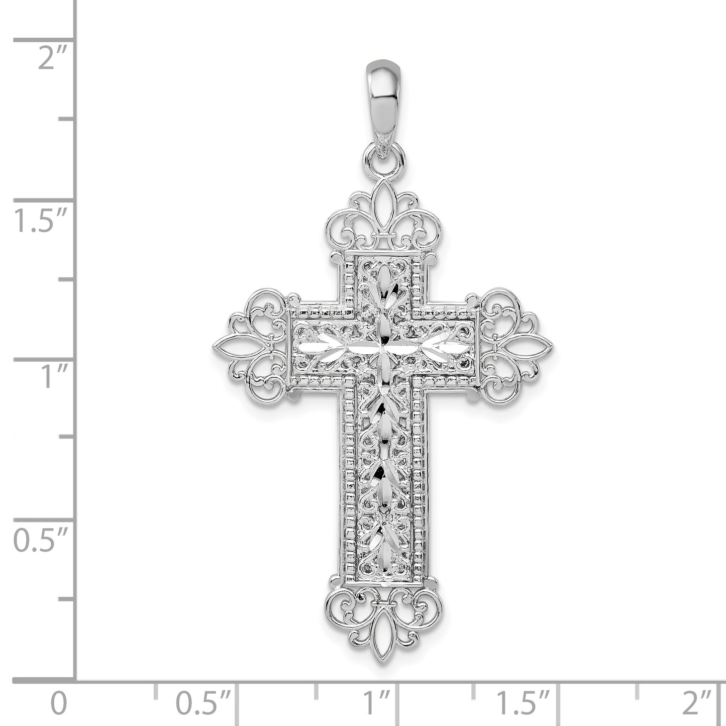 Sterling Silver De-Ani Rhodium-Plated Diamond-Cut Filigree Fleur De Lis Cross Pendant