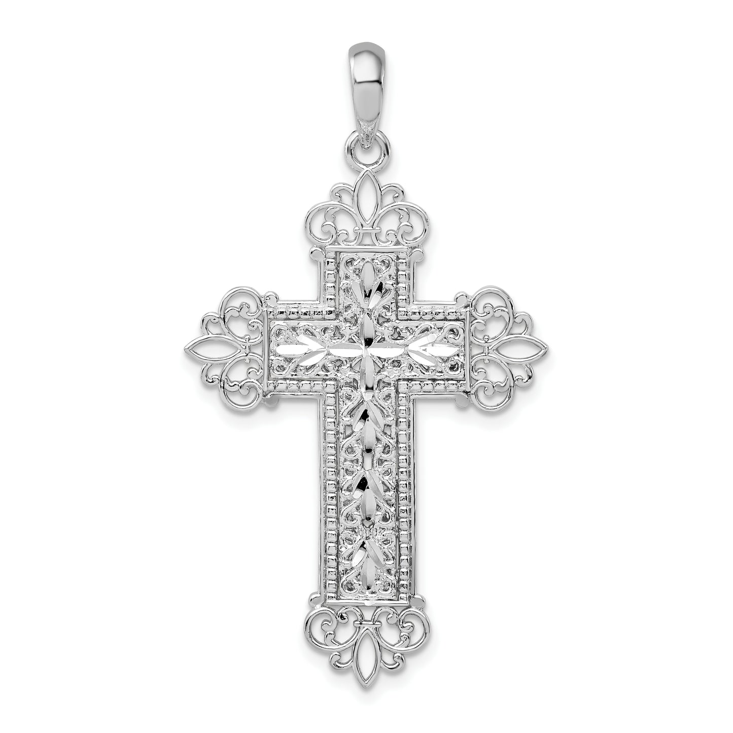 Sterling Silver De-Ani Rhodium-Plated Diamond-Cut Filigree Fleur De Lis Cross Pendant