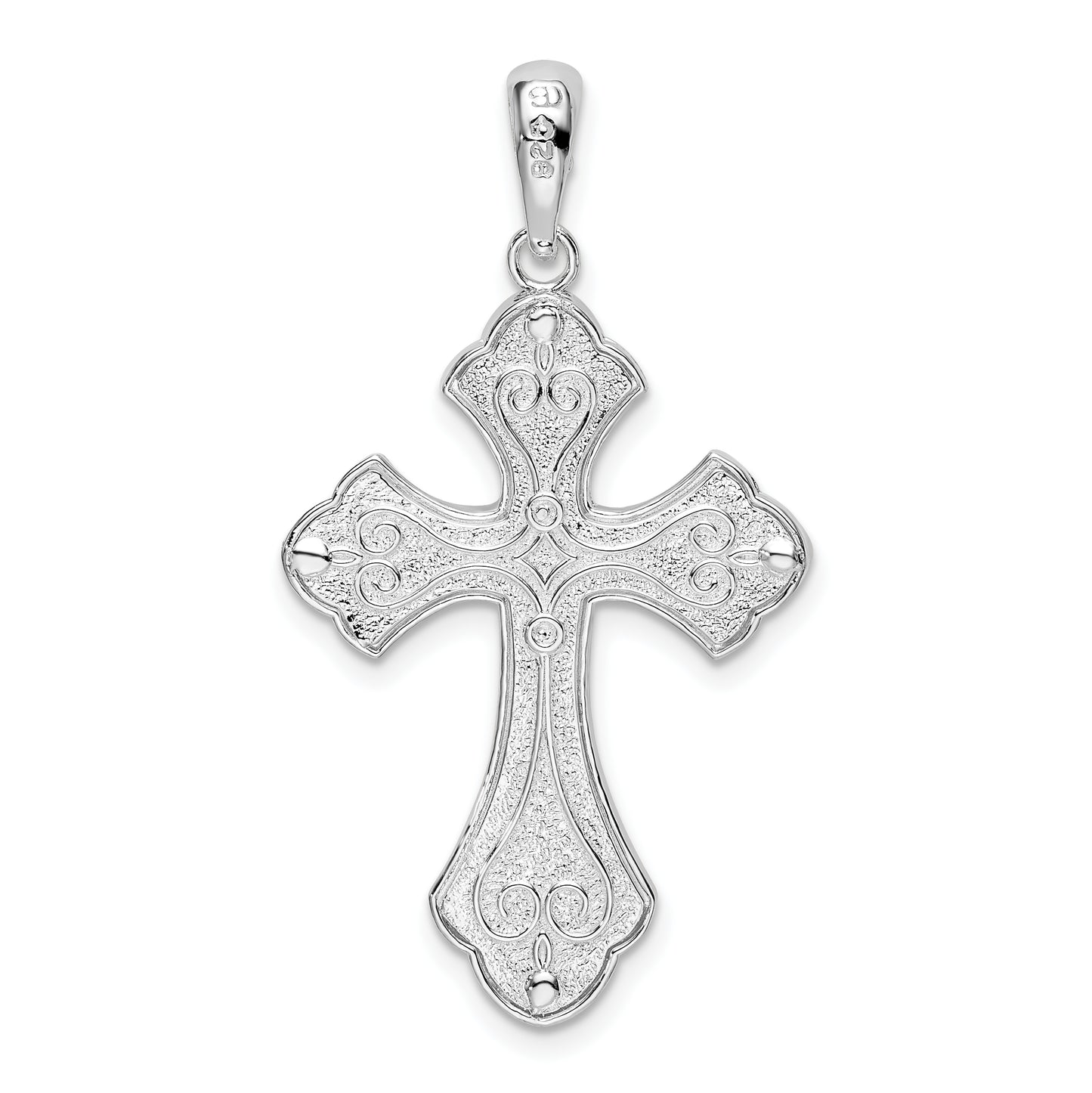 Sterling Silver De-Ani Rhodium-Plated Diamond-Cut Fleur De Lis Cross Pendant