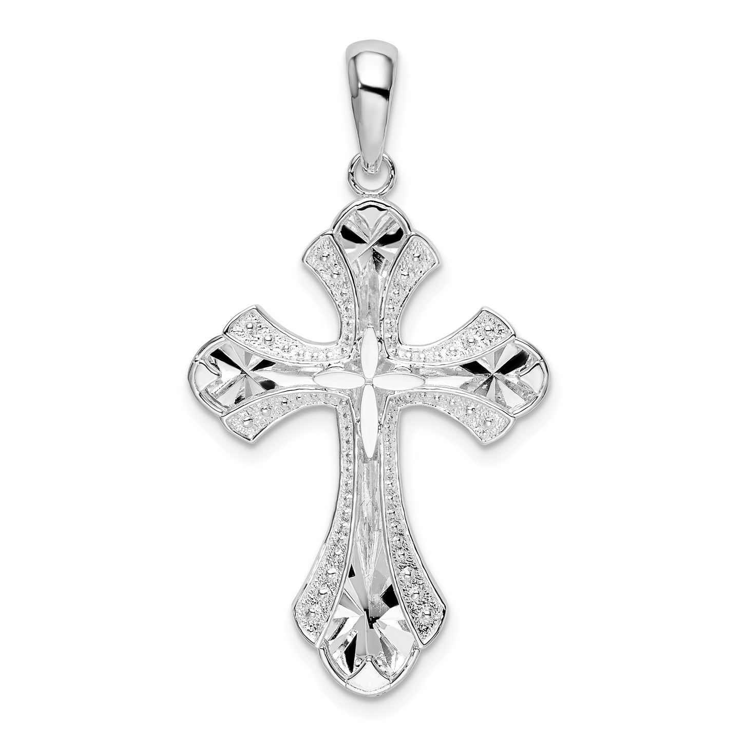 Sterling Silver De-Ani Rhodium-Plated Diamond-Cut Fleur De Lis Cross Pendant