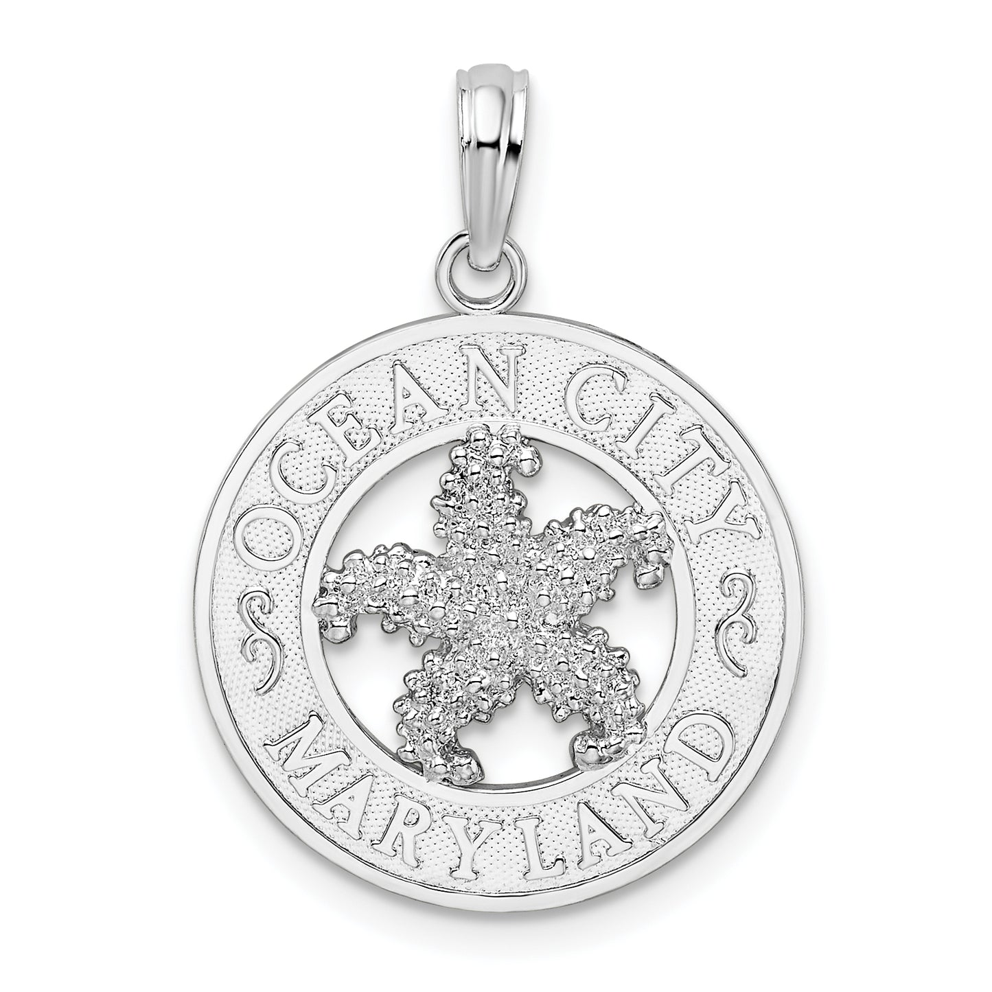 Sterling Silver De-Ani Rhodium-Plated Ocean City Maryland Circle With Starfish Pendant