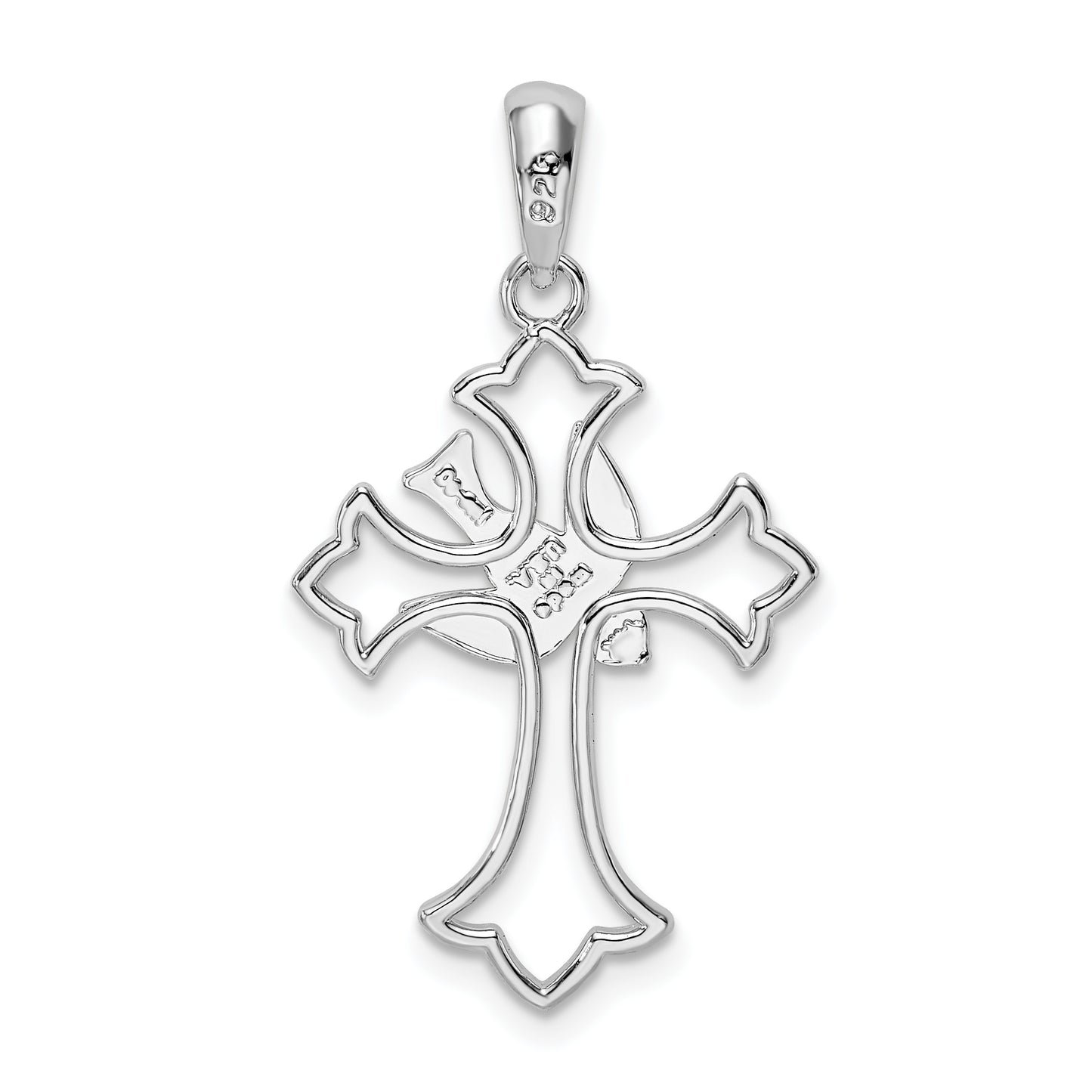 Sterling Silver De-Ani Rhodium-Plated Cut-Out Fleur De Lis Cross With Dove Pendant