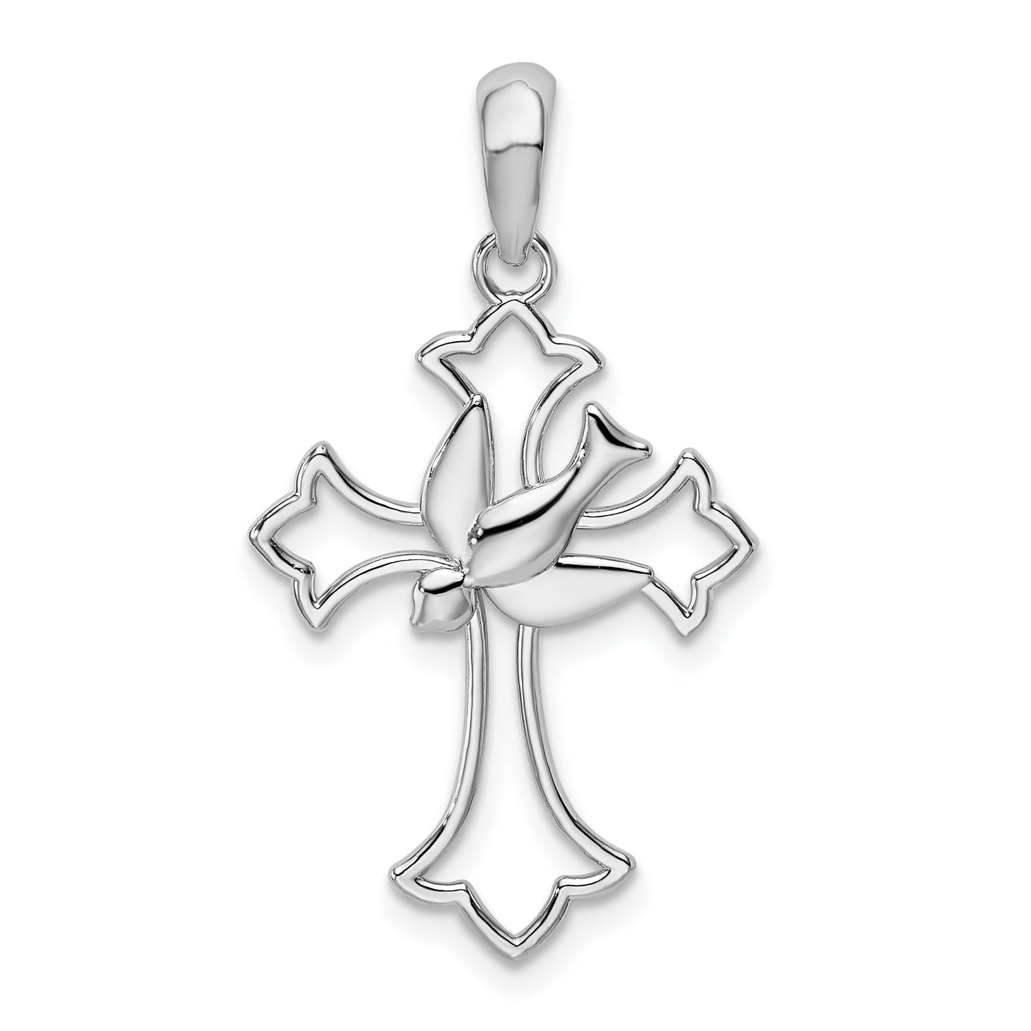 Sterling Silver De-Ani Rhodium-Plated Cut-Out Fleur De Lis Cross With Dove Pendant