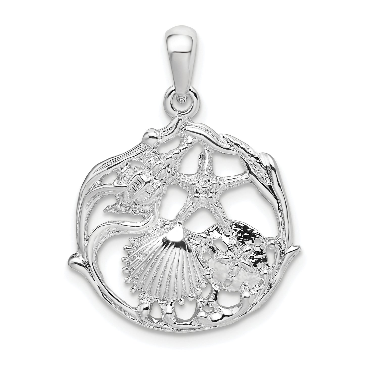 Sterling Silver De-Ani Rhodium-Plated Polished Cut-Out Shell Cluster Pendant