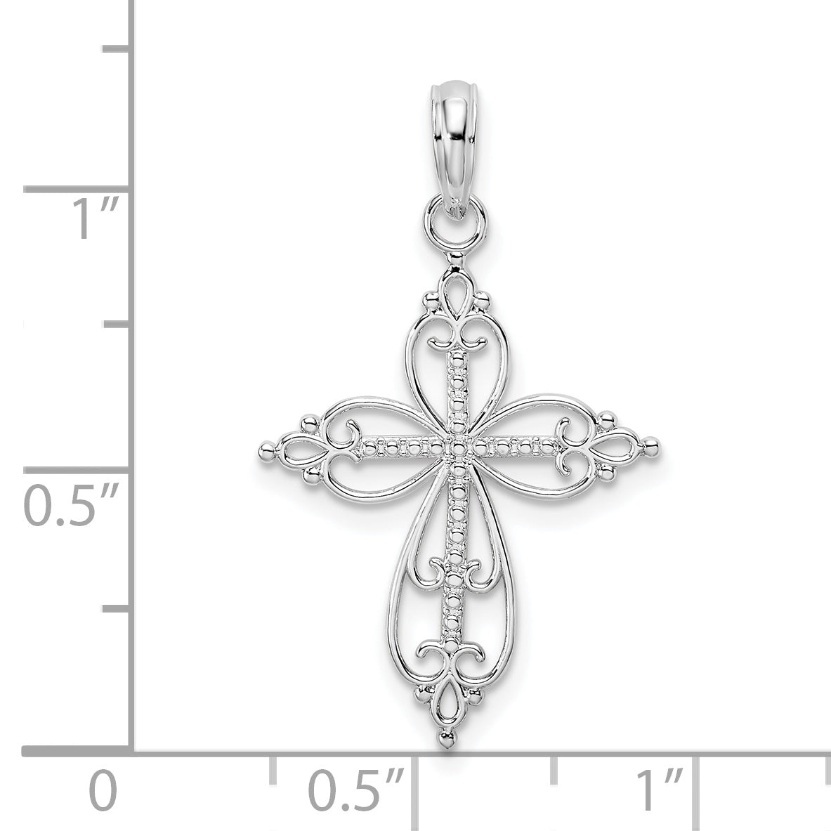 Sterling Silver De-Ani Rhodium-Plated Polished Fancy Filigree With Beaded Center Cross Pendant