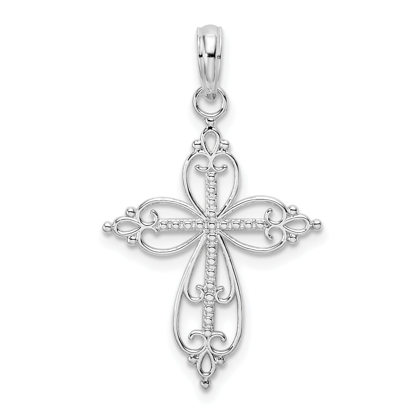 Sterling Silver De-Ani Rhodium-Plated Polished Fancy Filigree With Beaded Center Cross Pendant