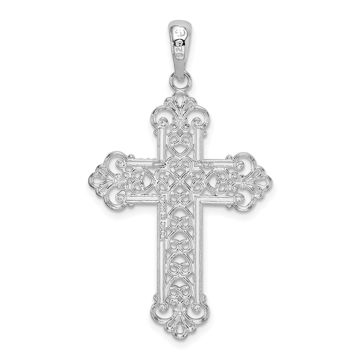 Sterling Silver De-Ani Rhodium-Plated Polished Filigree Fleur De Lis Cross Pendant