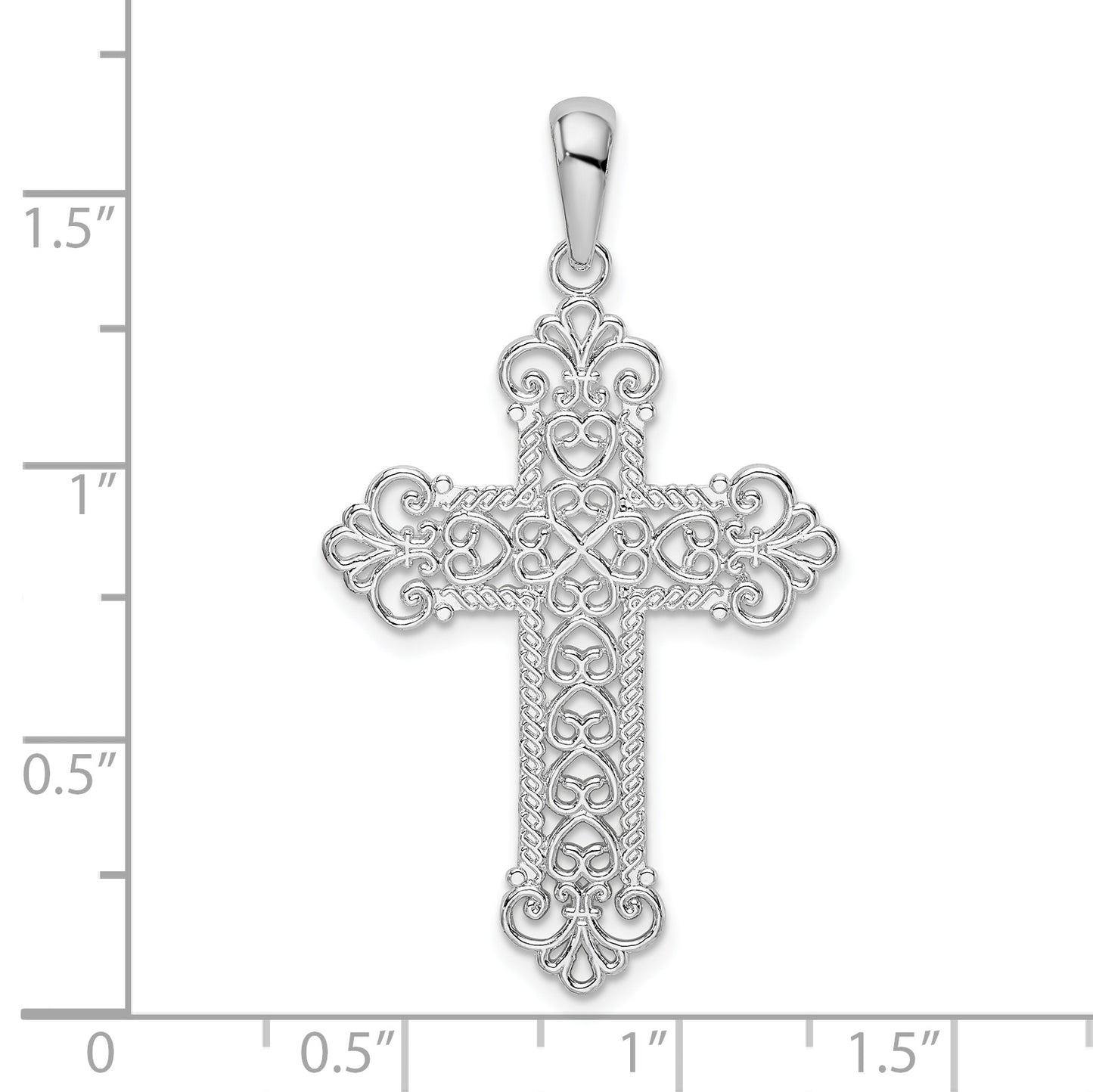 Sterling Silver De-Ani Rhodium-Plated Polished Filigree Fleur De Lis Cross Pendant