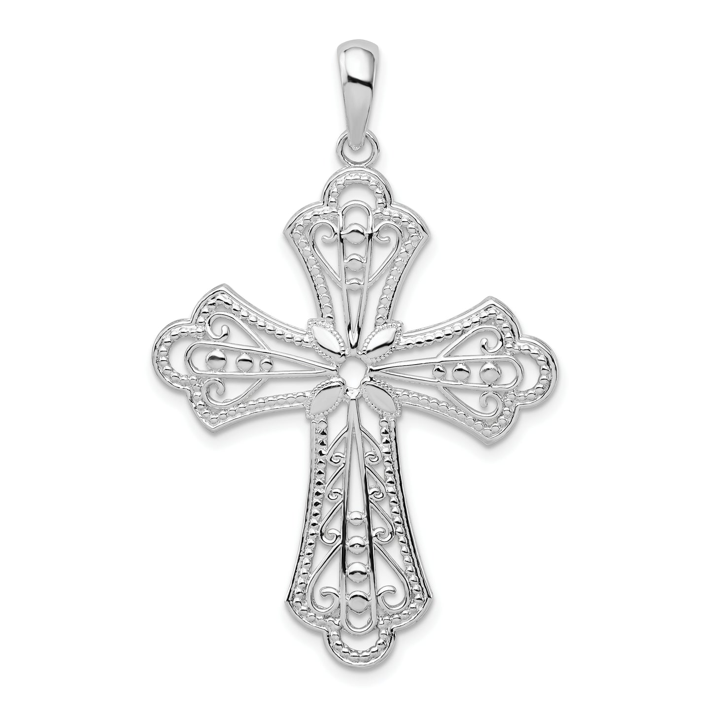 Sterling Silver De-Ani Rhodium-Plated Polished Filigree Bead Edge Fleur De Lis Cross Pendant