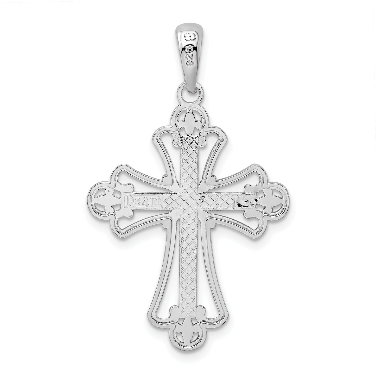 Sterling Silver De-Ani Rhodium-Plated Polished Beaded Fleur De Lis Cross Pendant